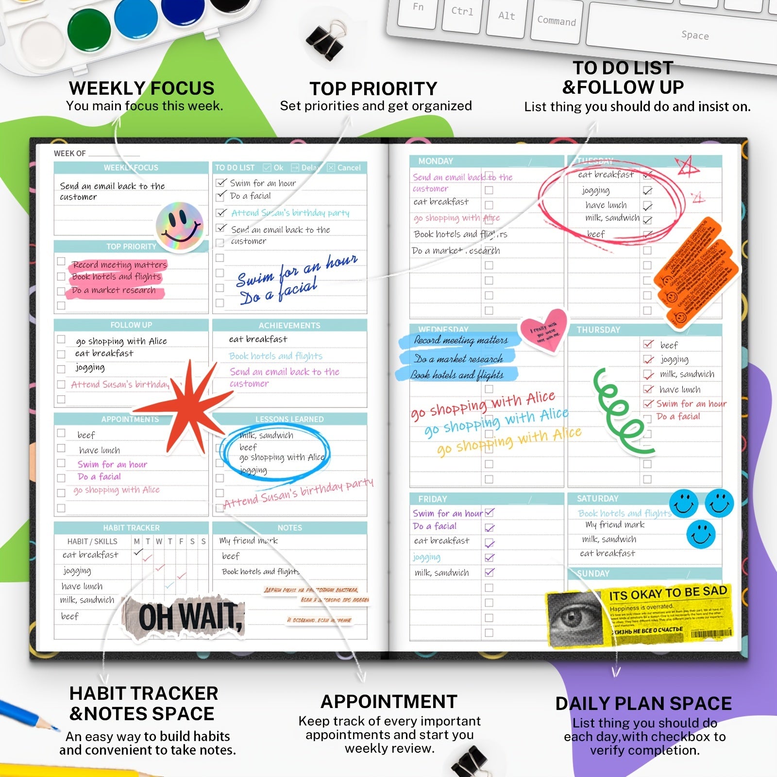 Undated Weekly Planner with Habit Tracker 5.8X8.5in