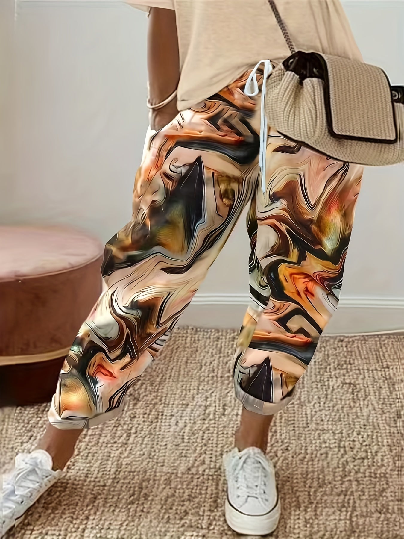  Floral Print Drawstring High Rise Pants