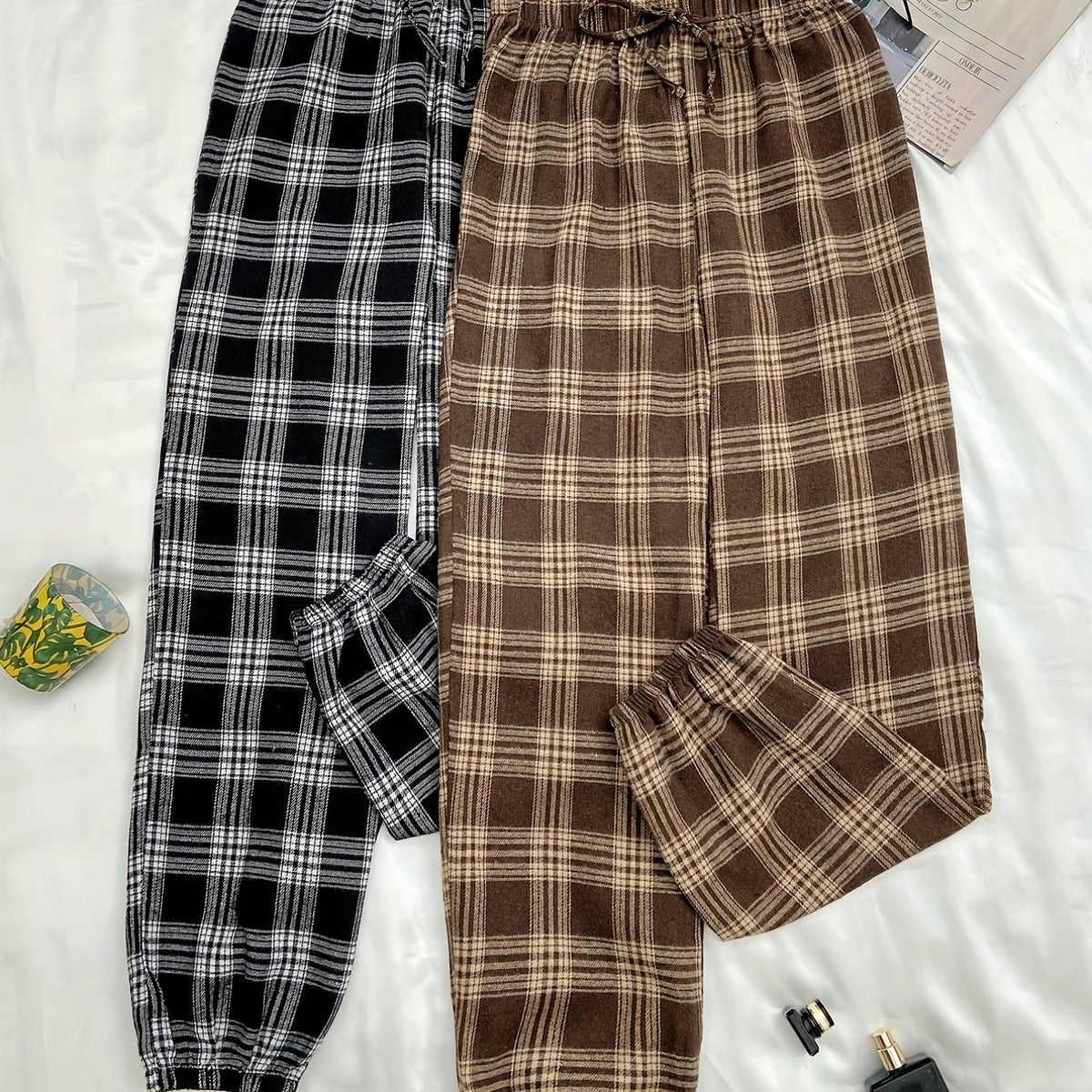 2pcs Plaid Sleep Bottoms Soft & Comfy Elastic Waistband Pants