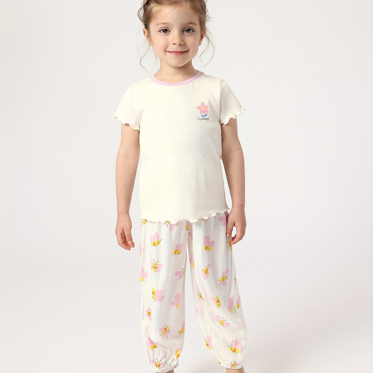 Girls Bee Graphic Print Baggy Elastic Cuff Pants Kids Summer Breathable Pants
