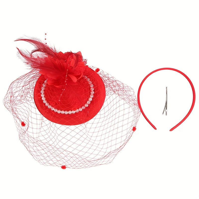 Red Feather Decor Fascinator Hats With Veil Pillbox Hat Hair Clip