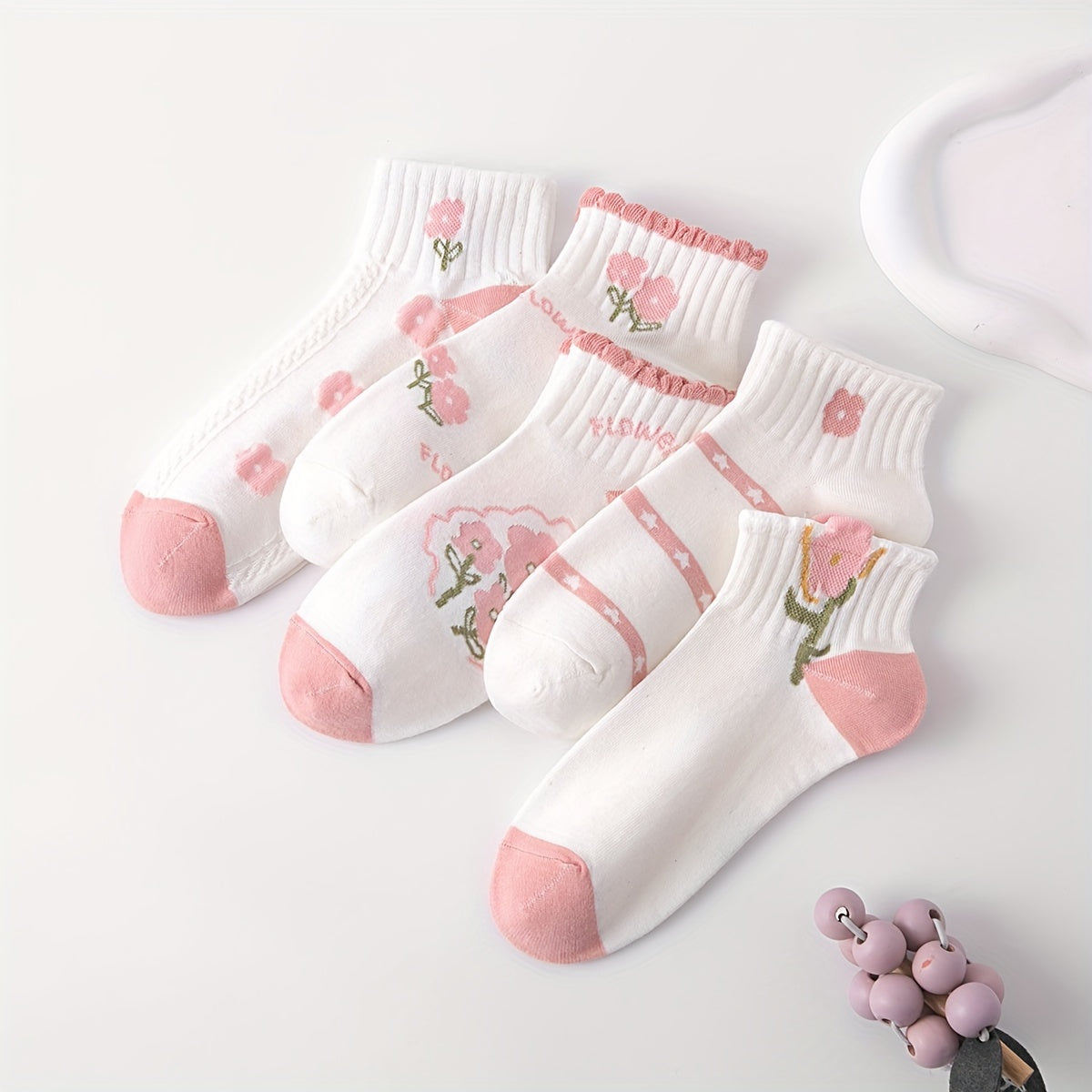 5 Pairs Floral Print Socks Short Women's Stockings & Hosiery