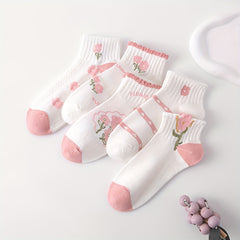 5 Pairs Floral Print Socks Short Women's Stockings & Hosiery