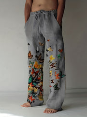 Men's Butterfly Pattern Straight Leg Pants Elastic Waist Beach Trousers