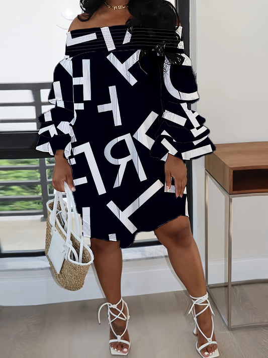  Casual Dress Women's Plus Letter Print Layered Sleeve