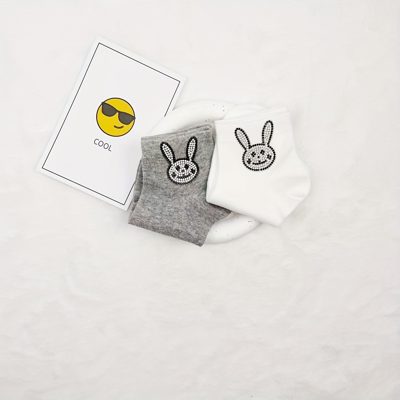 5 Pairs Bunny Rhinestone Socks Cute & Comfortable Crew Short Socks