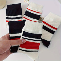 5 Pairs Striped Crew Socks Soft & Comfy Women's Stockings & Hosiery