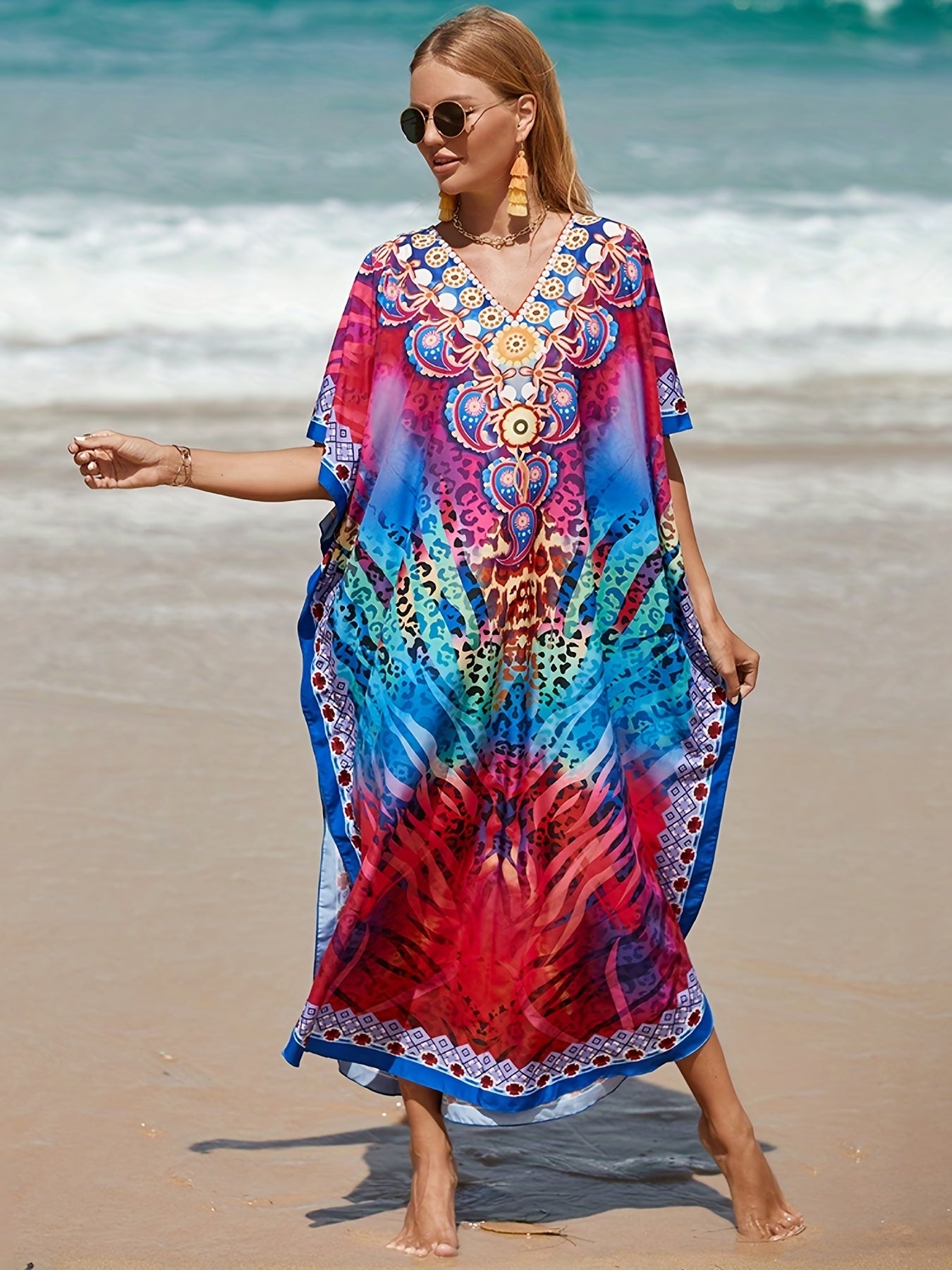  Boho Cover Up Dress Leopard Print V Neck