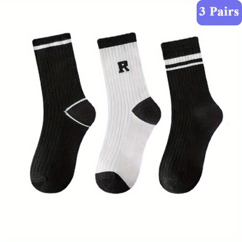 3 Pairs Striped Crew Socks Mid Tube Women's Stockings