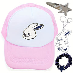 4pcs Rabbit Print Trucker Hat, Kpop Keychain, Pentagram Clip, Hair Tie