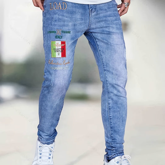 Embroidery Slim Fit Ripped Jeans Men's Casual Street Style Denim Pant