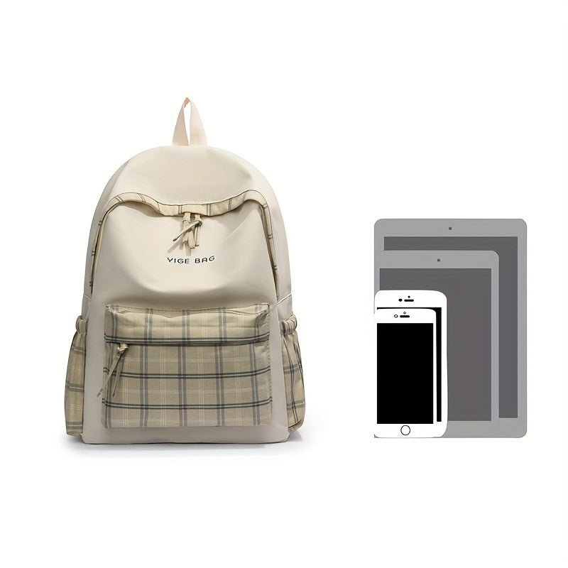 Khaki Plaid Pattern Backpack College Large Capacity School Bag