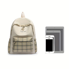 Khaki Plaid Pattern Backpack College Large Capacity School Bag