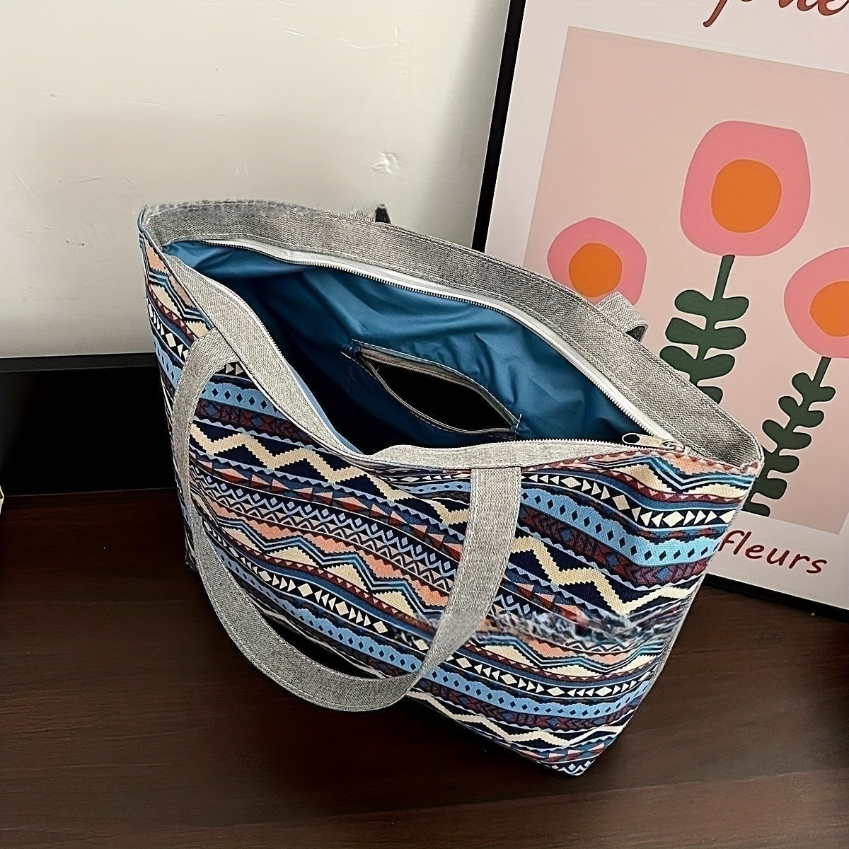 Canvas Vintage Geometric Pattern Tote Bag Large Capacity Shoulder Bag