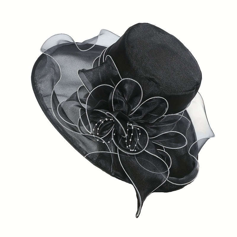 Organza Breathable Derby Hat Mesh Lace Flower Sun Hat Solid Church Hat