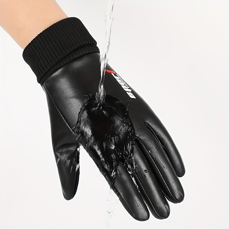 Waterproof PU Leather Cycling Gloves Winter Warm Sports Gloves