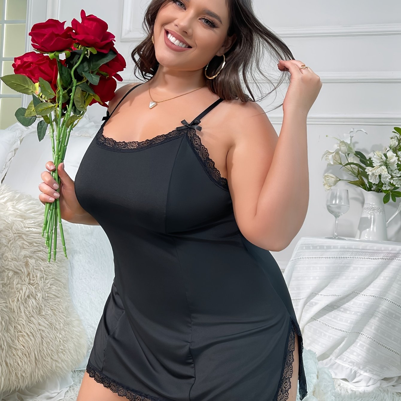  Lace Trim Babydoll Dress with Side Slit