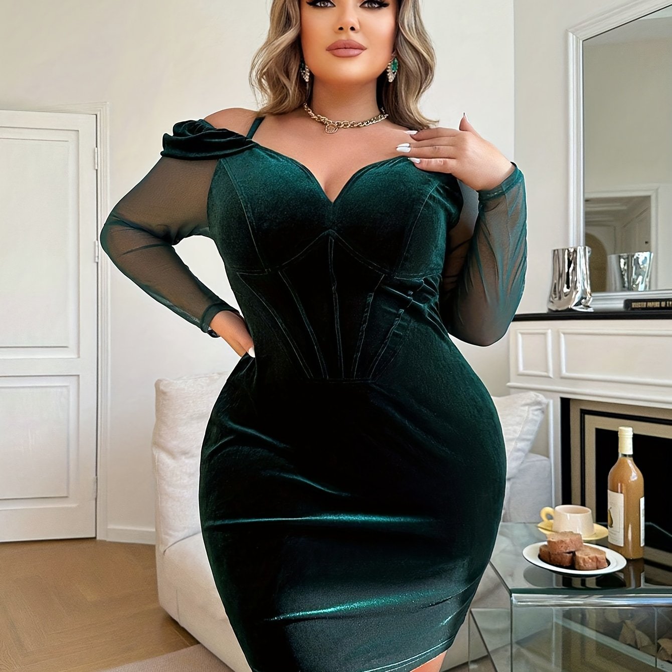  Velvet Mesh Cold Shoulder Bodycon Midi Dress