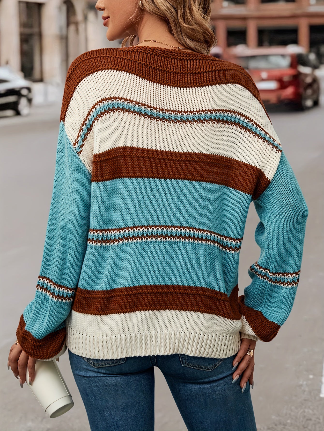  V-Neck Stripe Print Pullover Sweater