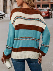  V-Neck Stripe Print Pullover Sweater