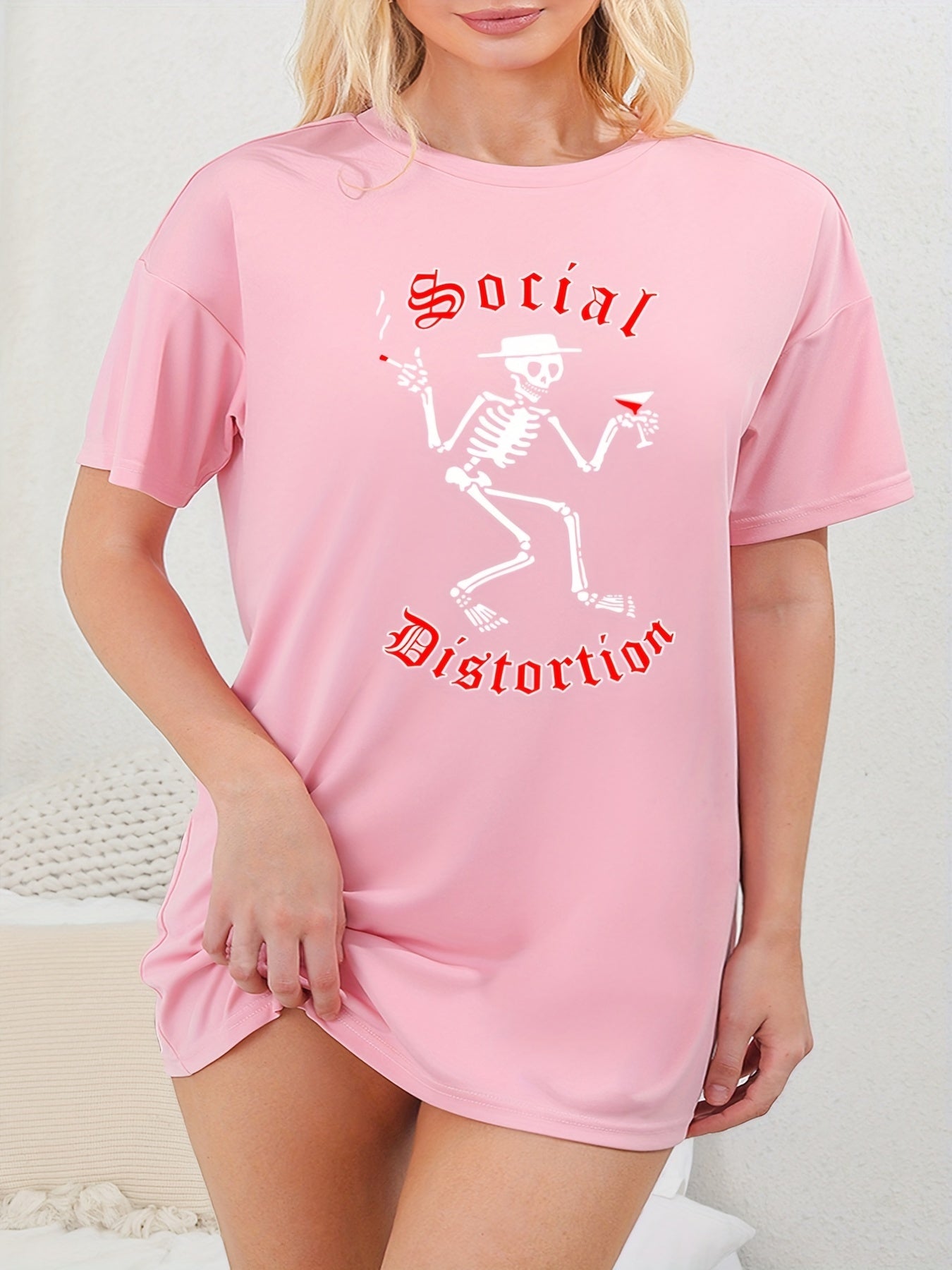  Halloween Skull Print Short Sleeve Tee Sleep Dress