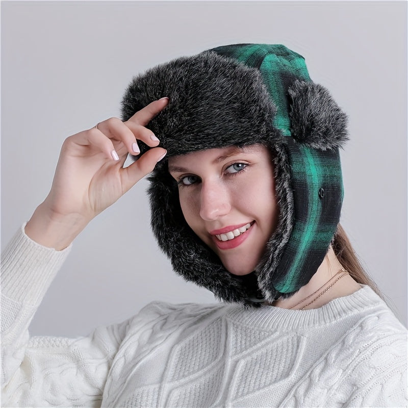 Warm Plaid Ear Protection Hat for Men and Women