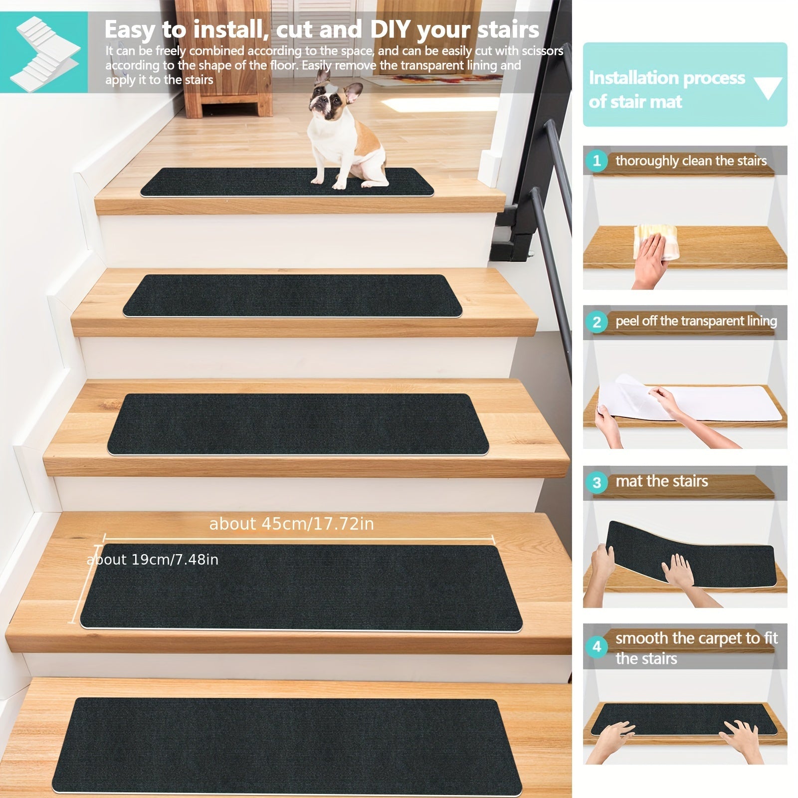 15pcs Stair Tread Carpet Anti-slip Step Mat Home Decor