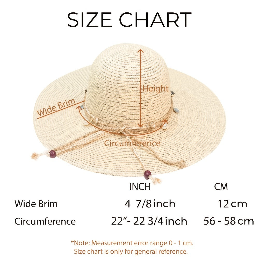 Boho Sun Hat Beads Solid Straw Foldable Travel Beach Hat