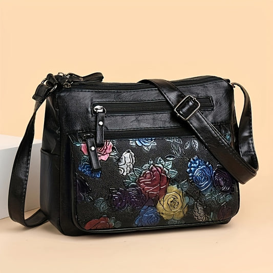 Vintage Flower Embossed Hobo Shoulder Bag Solid Crossbody Bag