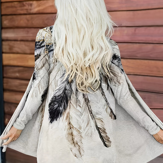 Feather Print Long Sleeve Cardigan