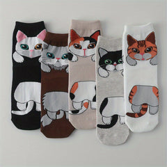 5 Pairs Cartoon Cat Print Socks Women's Stockings & Hosiery