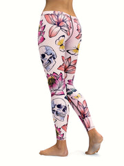 Women's Skull Butterfly Lotus Print Tight Pants for Yoga & Running