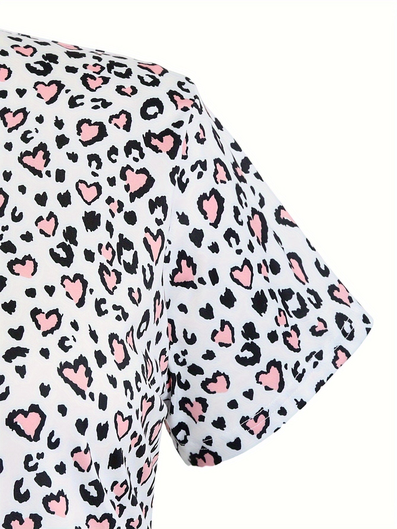  Heart Leopard Pajama Set Short Sleeve Tee & Pants Home Wear