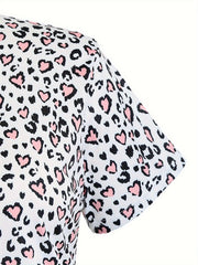  Heart Leopard Pajama Set Short Sleeve Tee & Pants Home Wear