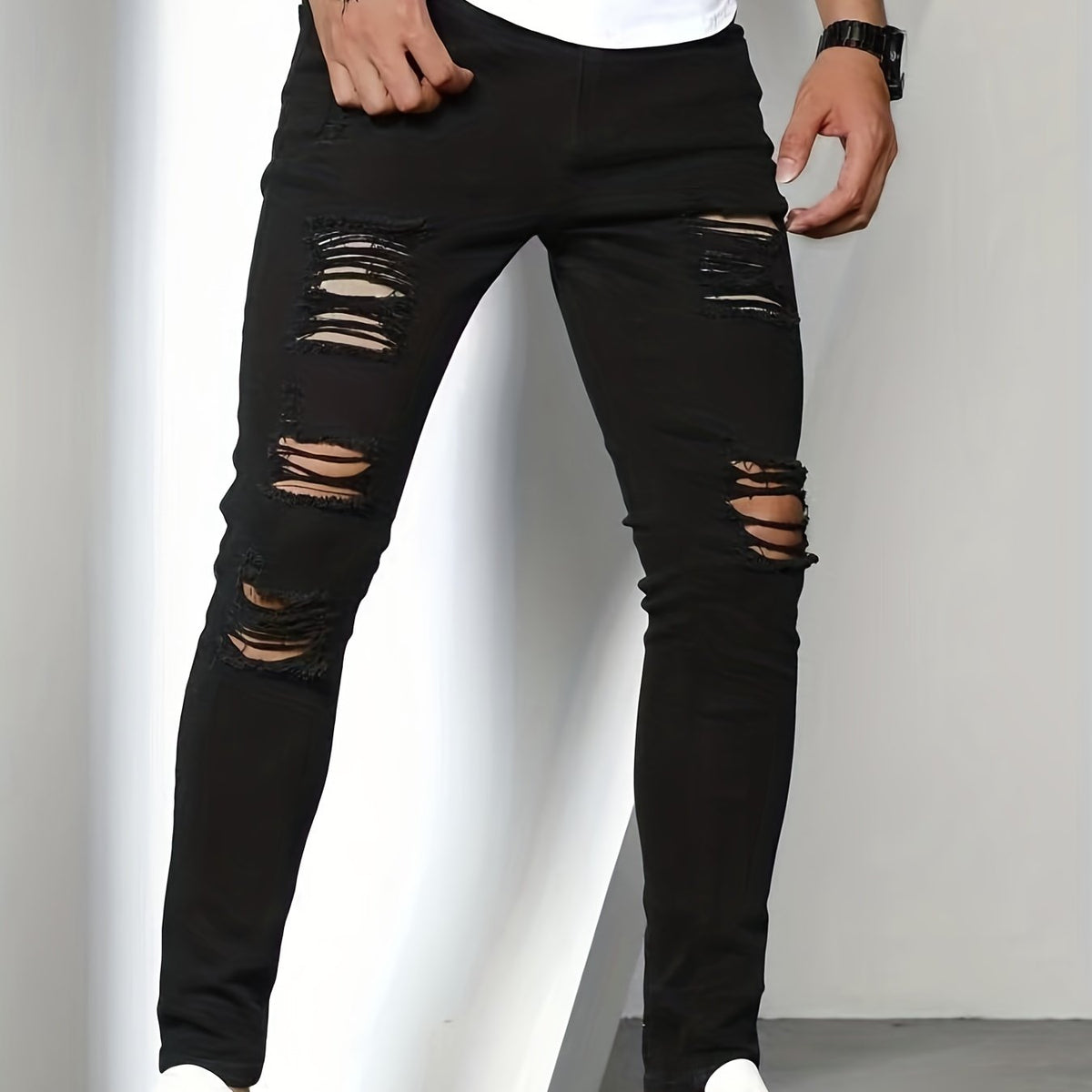 Slim Fit Ripped Jeans Mens Casual Street Style Stretch Denim Pants