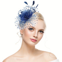 Mesh Flower Head Piece With Clip Faux Feather Fascinator