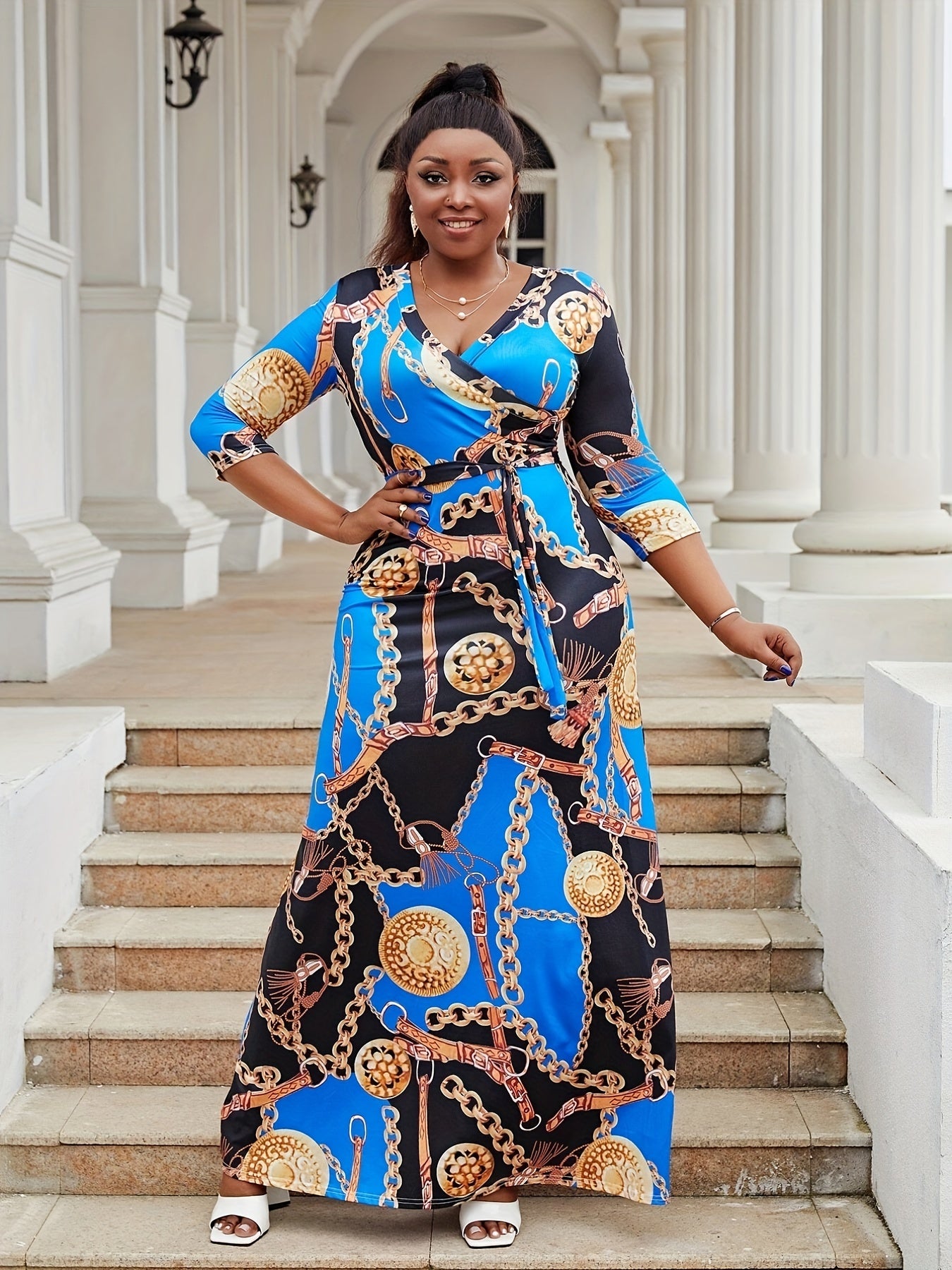  Chain Print Surplice Neck Maxi Dress With Belt