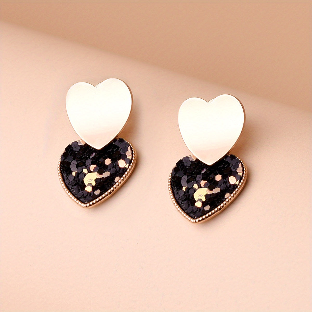 Double Heart Sequins Dangle Earrings 14K Plated Jewelry