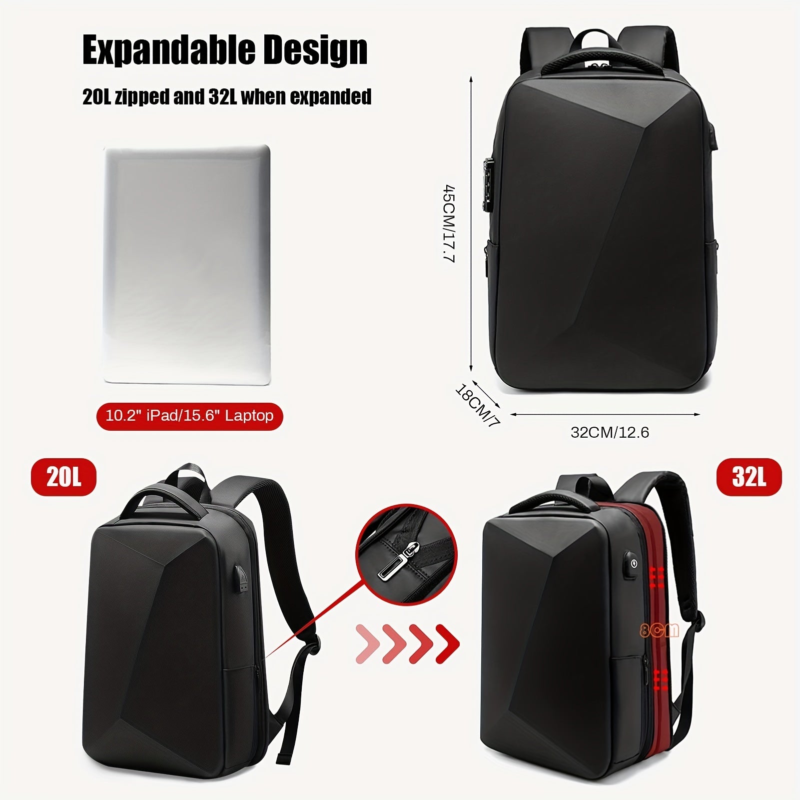 Casual Expandable Backpack 40 Laptop Bag Waterproof with Lock & USB Port