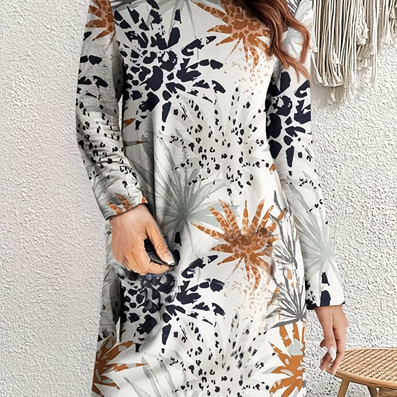  Floral Print Long Sleeve Round Neck High Stretch Dress