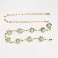 Boho Turquoise Inlay Waist Chain Golden Metal Openwork Belly Chain