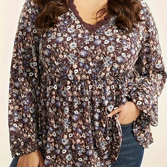 Ditsy Floral Print Lace Trim V Neck Peplum Top