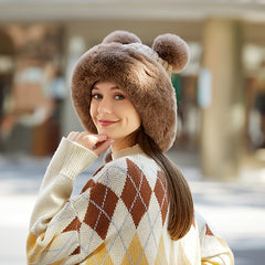 Thick Warm Fleece Winter Beanie Hat with Faux Fur Pom Pom