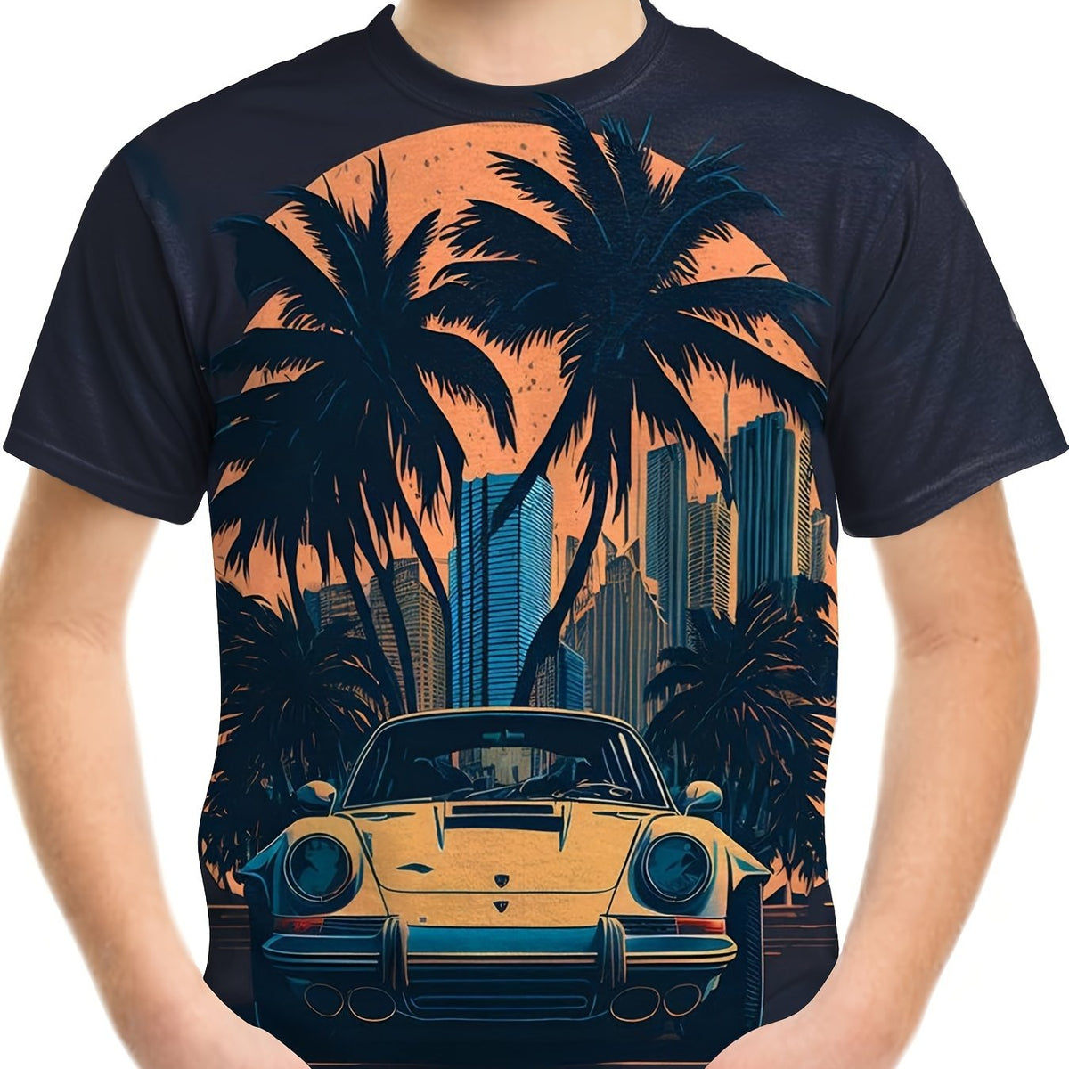 Vintage Car Print Boy's Round Neck Casual Short Sleeve T shirt