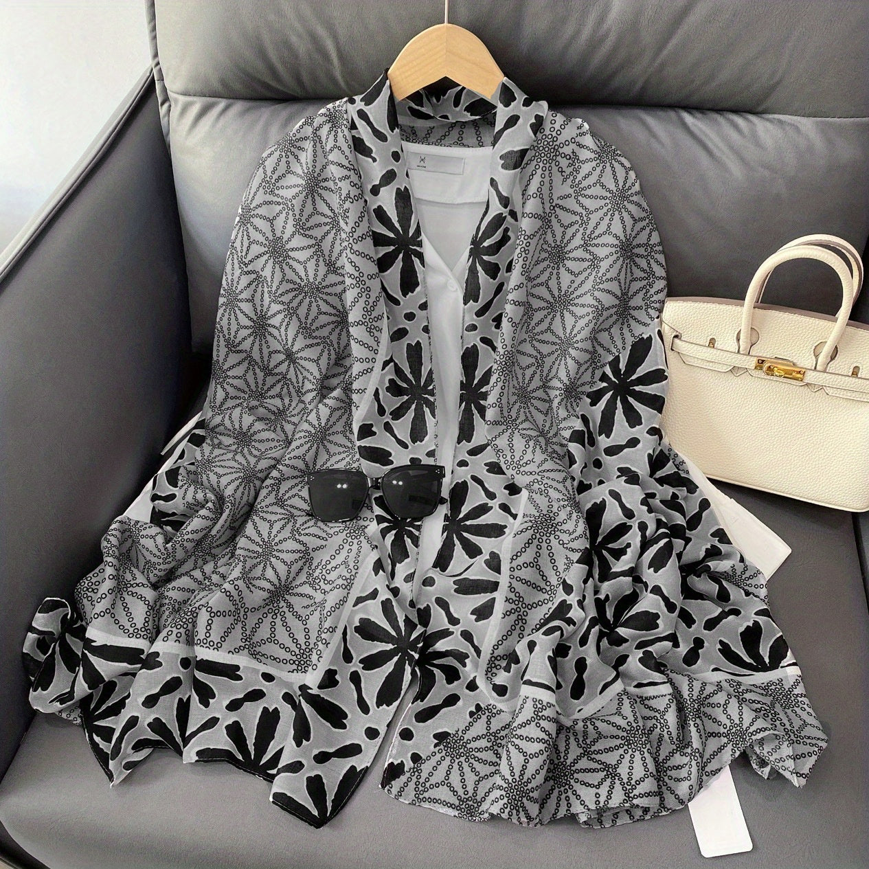 Geometric Floral Print Scarf Block Shawl Breathable Windproof Head Wrap