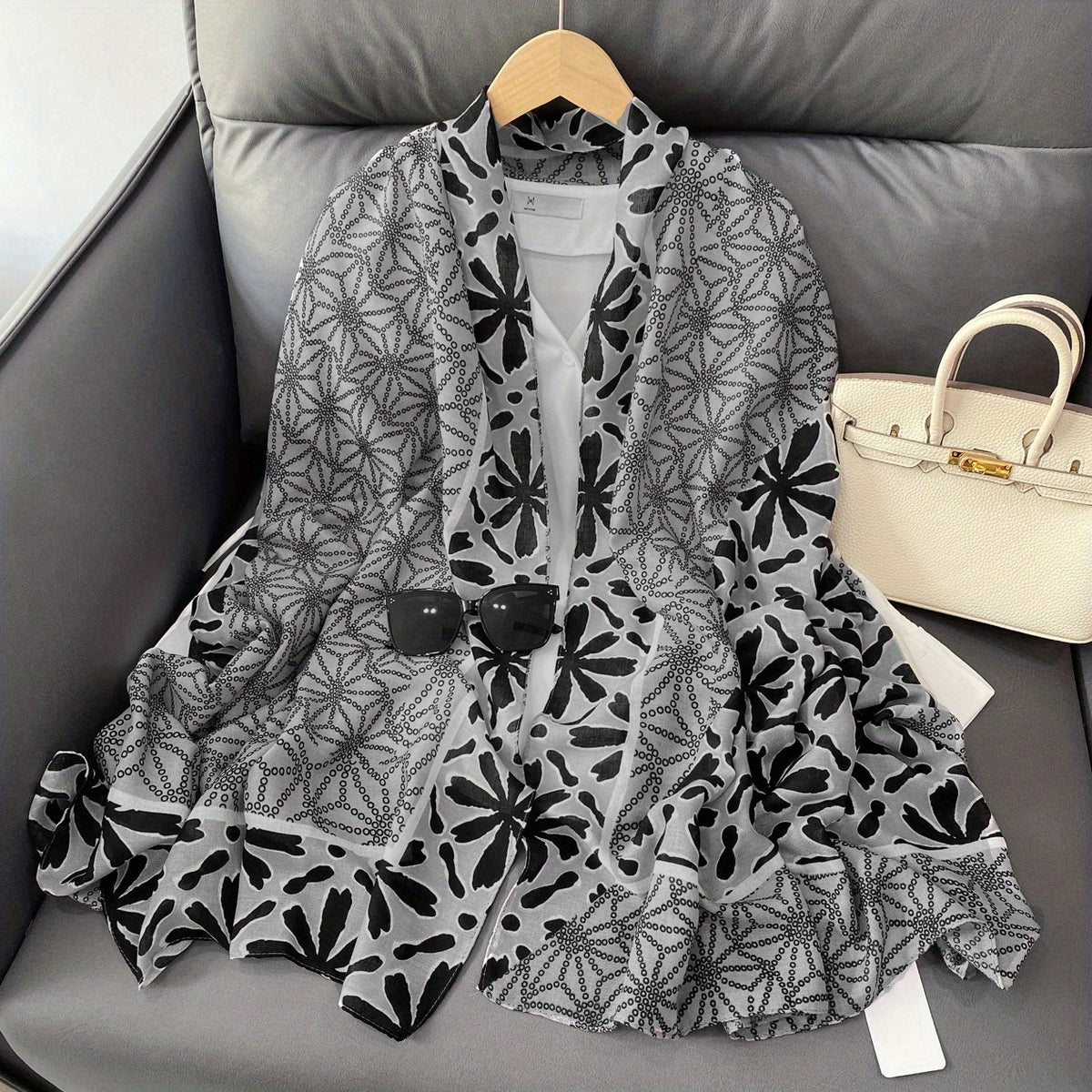 Geometric Floral Print Scarf Block Shawl Breathable Windproof Head Wrap