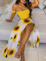Boho 2 Piece Set Off Shoulder Smocked Tube Top & Floral Print Skirt