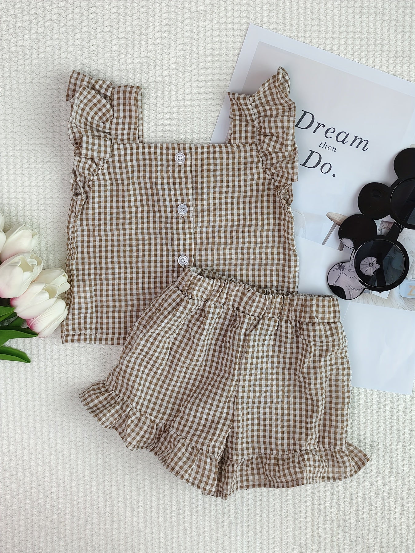 Plaid Ruffle Trim Top With Shorts Set for Baby Girls