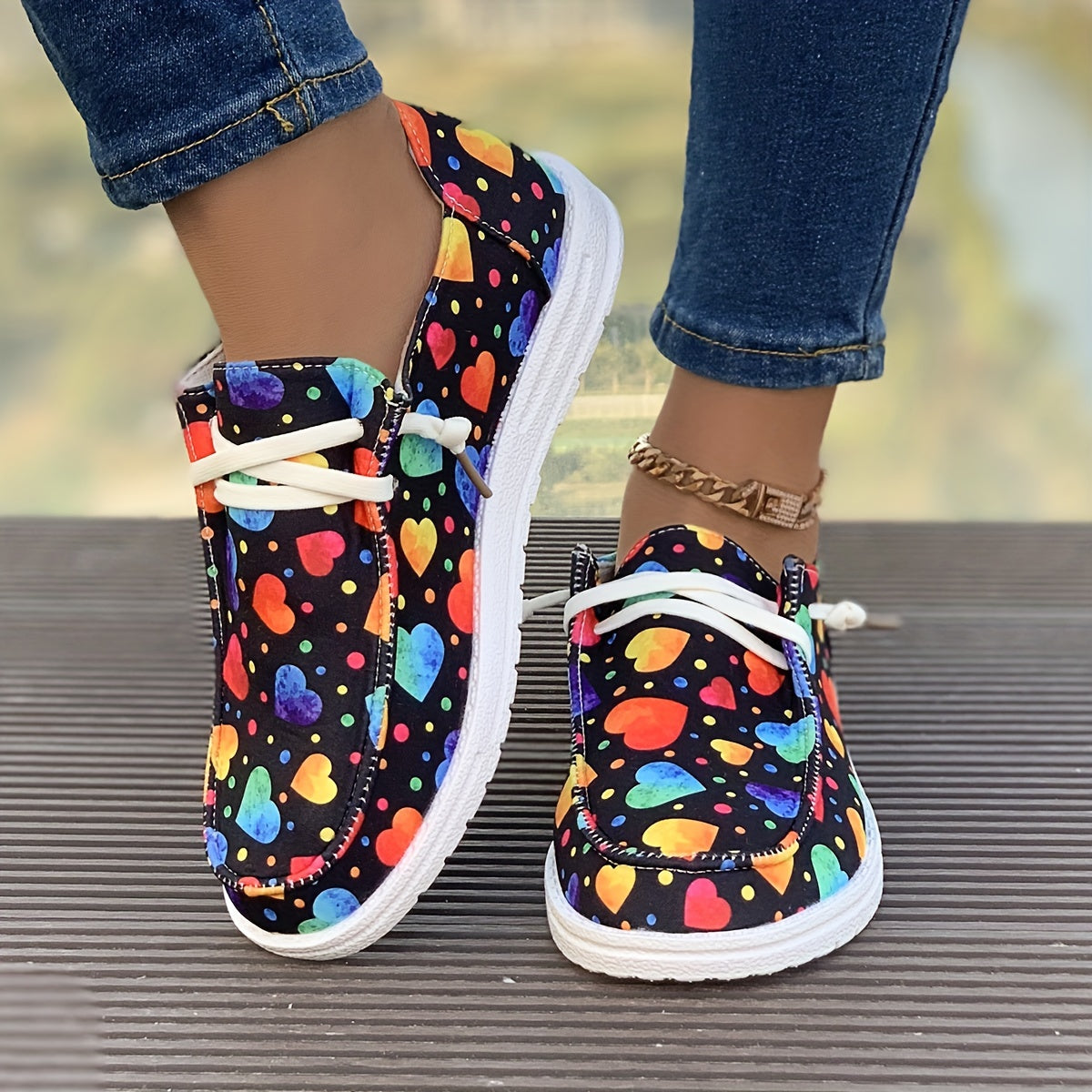 Women's Heart Pattern Skate Shoes, Polka Dot Decoration