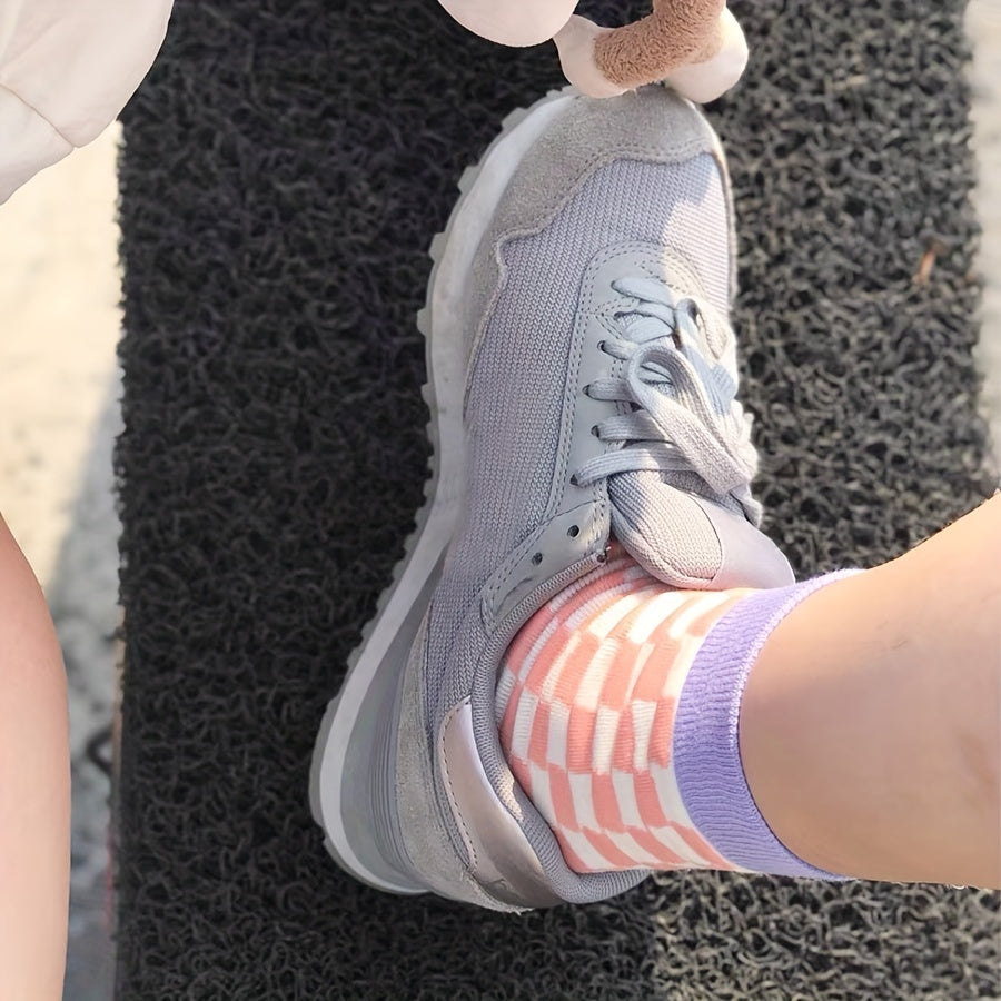 4 Pairs Plaid Colorblock Socks Soft Mid Tube Women Stockings